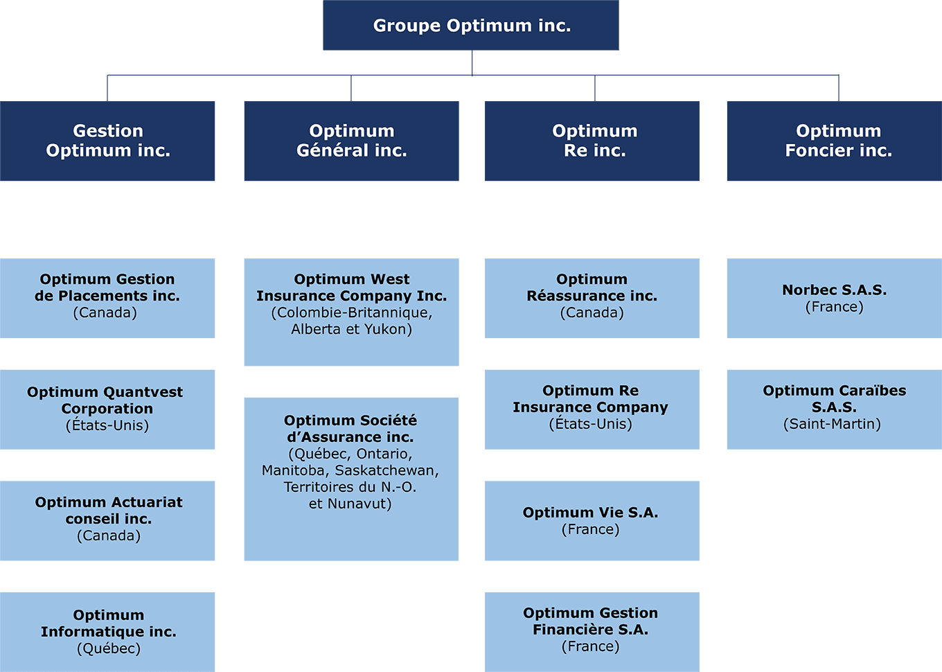 Le Groupe Optimum inc. agit comme holding principal en chapeautant quatre holdings, soit Gestion Optimum inc., Optimum Général inc., Optimum Re inc. et Optimum Foncier inc.   Le holding Gestion Optimum inc. regroupe trois filiales situées au Québec, soit Optimum Gestion de placements inc., Optimum Actuaires & Conseillers inc. et Optimum Informatique inc., ainsi qu’une filiale située aux États-Unis, soit Optimum Quantvest Corporation.  Le holding Optimum Général inc. regroupe trois filiales réparties à travers le Canada, soit Optimum West Insurance Company Inc. en Colombie-Britannique, en Alberta et au Yukon, Optimum Société d’assurance inc. au Québec, en Ontario, au Manitoba, en Saskatchewan, dans les Territoires du Nord-Ouest et Nunavut, et Optimum Assurance Agricole inc. au Québec.  Le holding Optimum Re inc. regroupe cinq filiales au Canada et dans les outre-mer, soit Optimum Réassurance inc. au Canada et à la Barbade, Optimum Re Insurance Company aux États-Unis, Optium Vie S.A., Optimum Gestion Financière S.A. et Optifranc S.A.S. en France.   Finalement le holding Optimum Foncier inc. regroupe deux filiales, soit Norbec S.A.S. en France et Optimum Caraïbes S.A.S. dans la Collectivité de Saint-Martin.