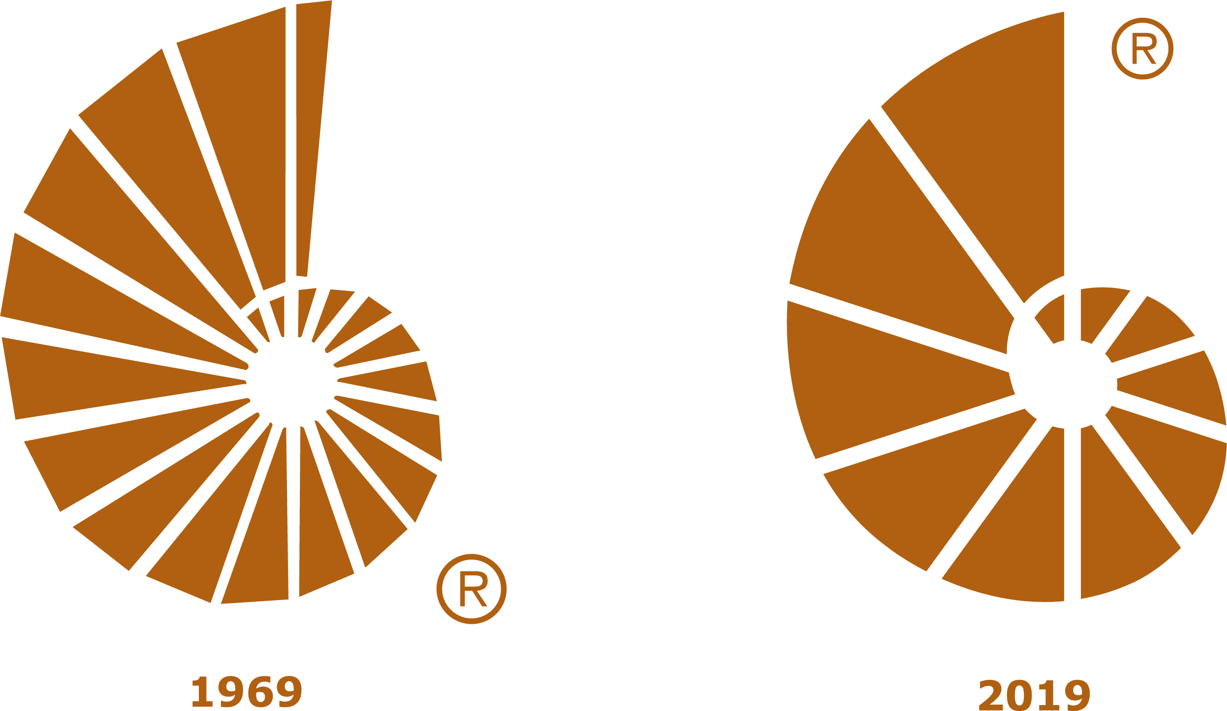 The nautilus of Optimum Financial Group in 1969. In 2019, a new nautilus modernized by the number of colored segments cut in half and the spacing between each segment slightly increased for optimal readability.