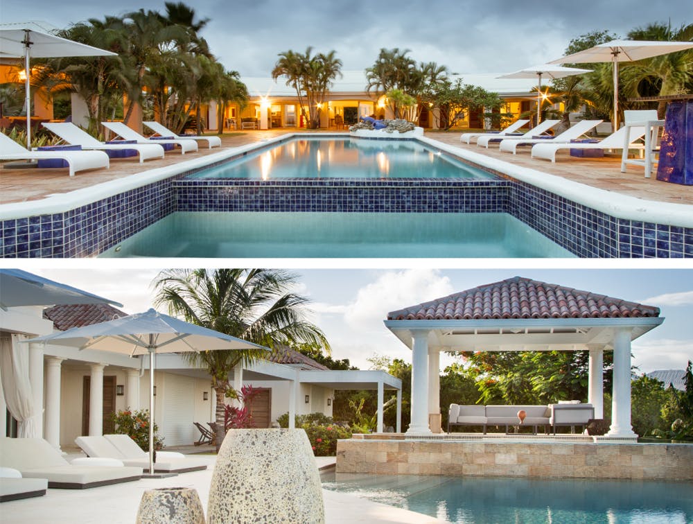One of the luxurious villas of Optimum Foncier located on the island of Saint-Martin in the Caribbean and available for rent. Large pool, pergola, palm trees and sun.